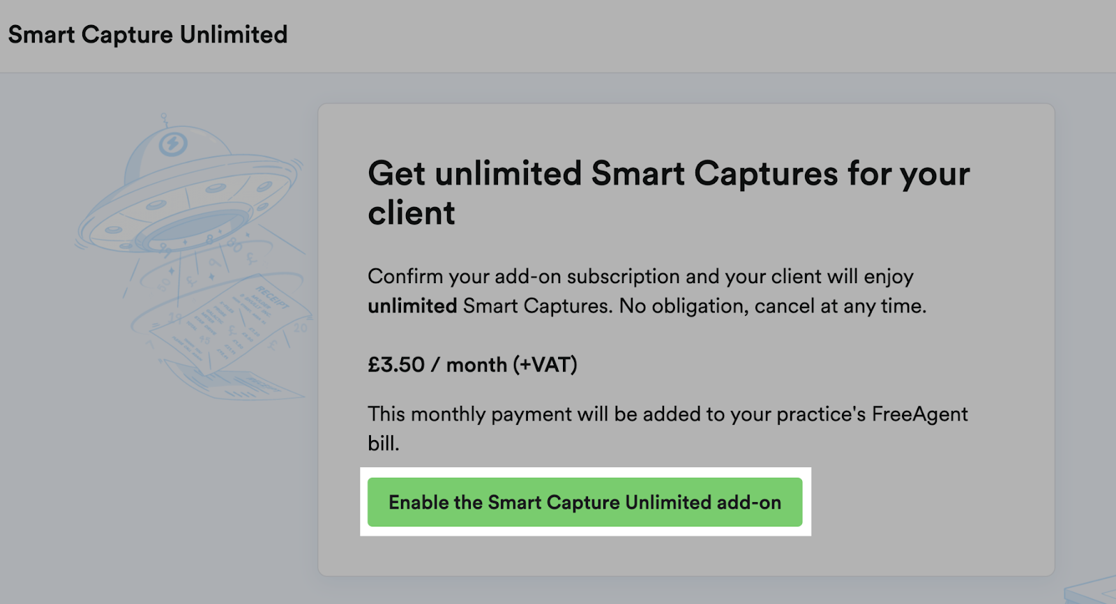 ‘Enable the Smart Capture Unlimited add-on’ button highlighted in the Smart Capture Unlimited area of an example client.