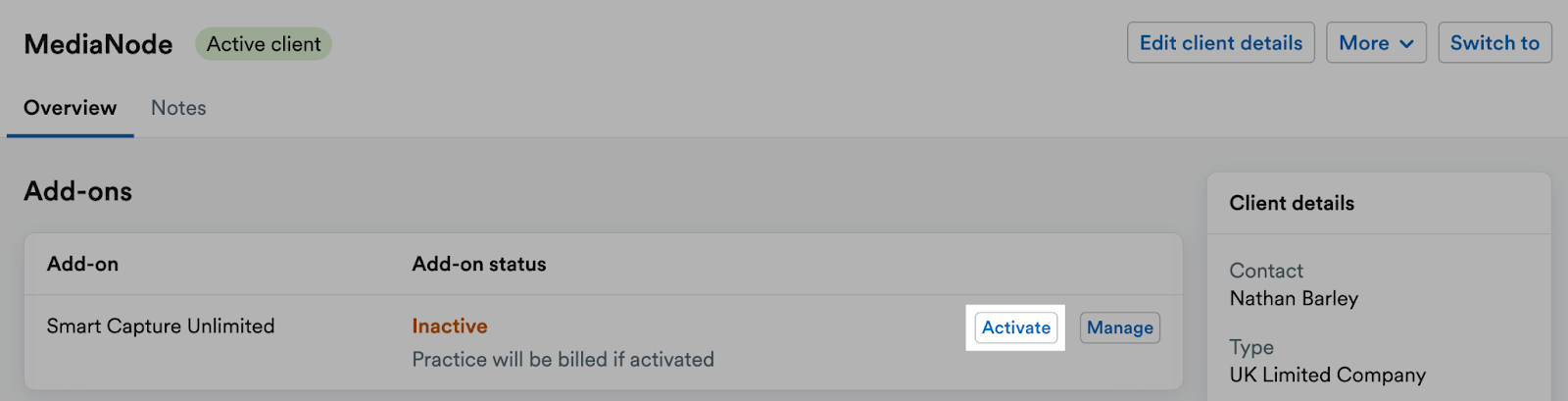 ‘Activate’ button highlighted next to the Smart Capture Unlimited add-on listing on an example client’s page.