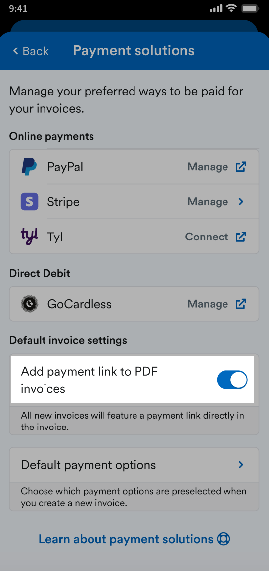Toggle to 'Add payment link to PDF invoices' highlighted on Payment solutions screen.