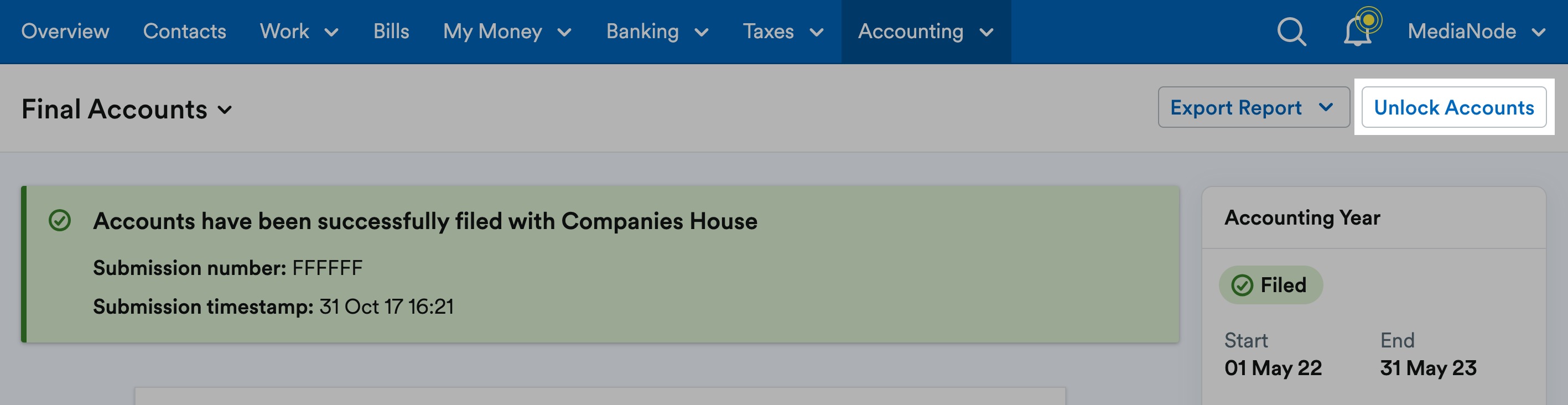 'Unlock Accounts' button highlighted above the report.
