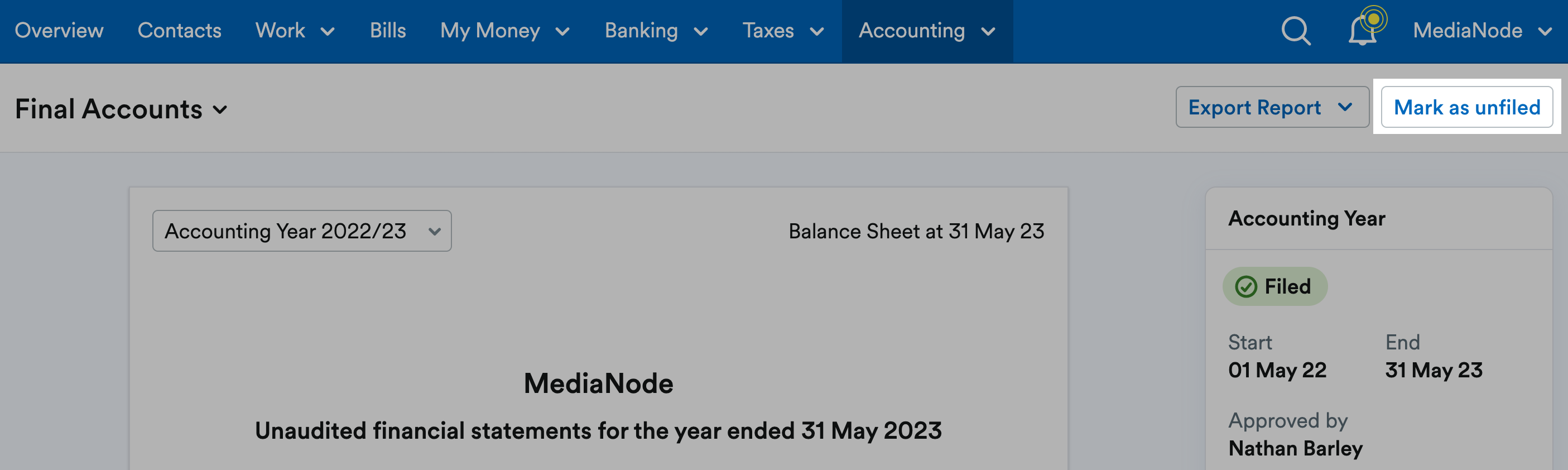 'Mark as unfiled' button highlighted above the report.