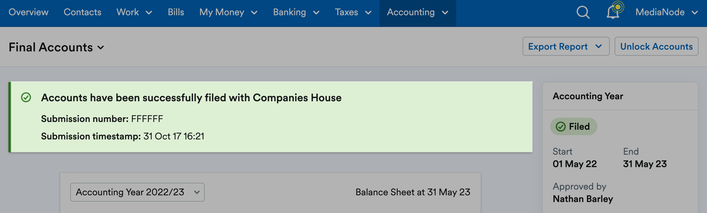 Box saying accounts are successfully filed with Companies House highlighted above the report.