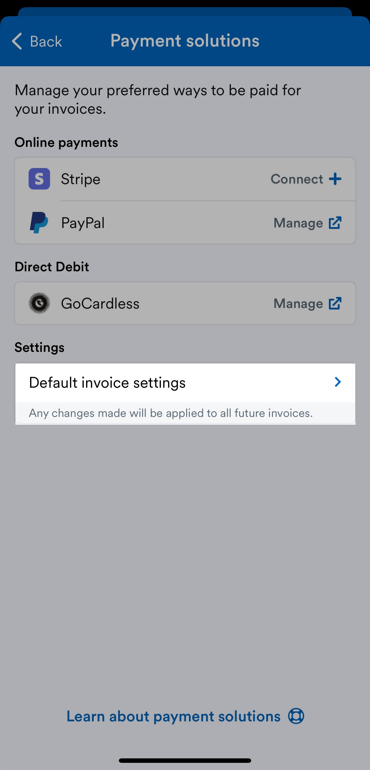 'Default invoice settings' highlighted on Payment solutions page.