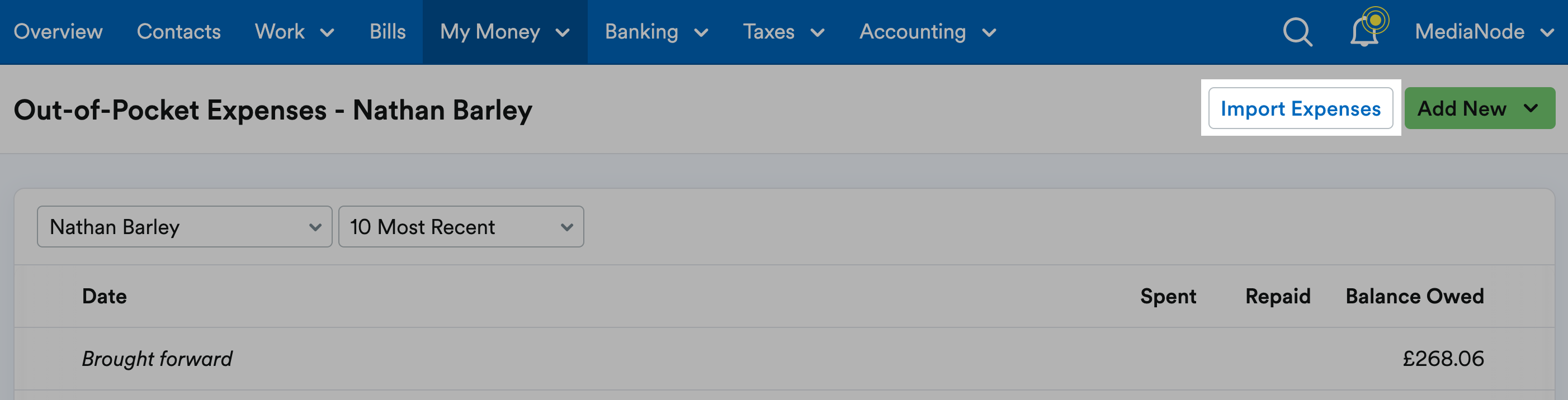 Import Expenses button highlighted