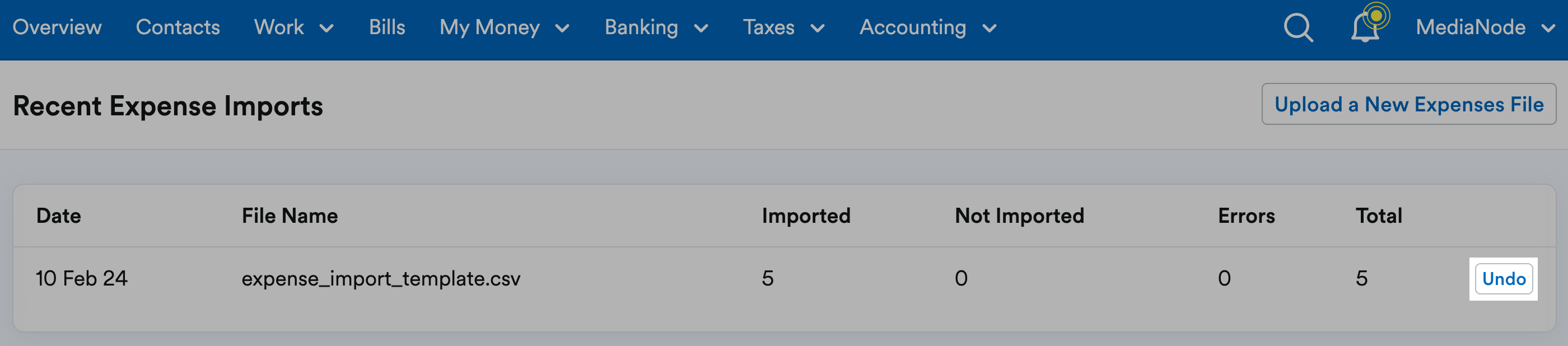 undo button highlighted next to import