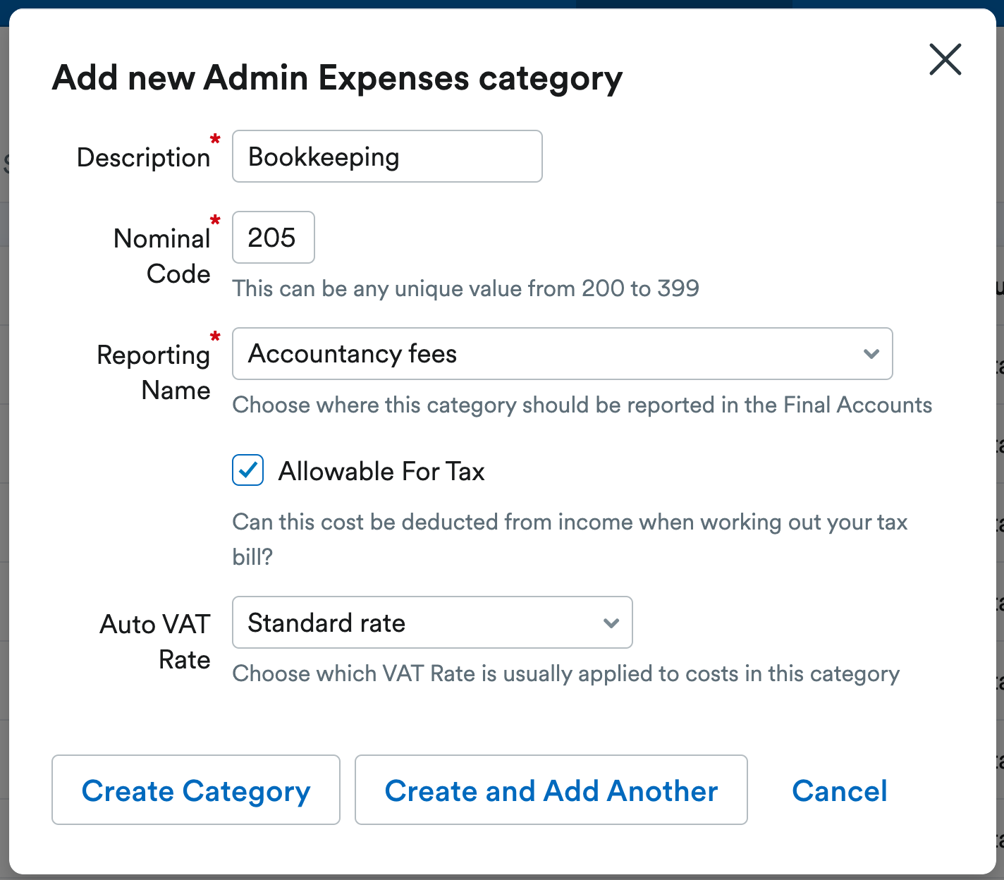 Example of a new admin expense category being created