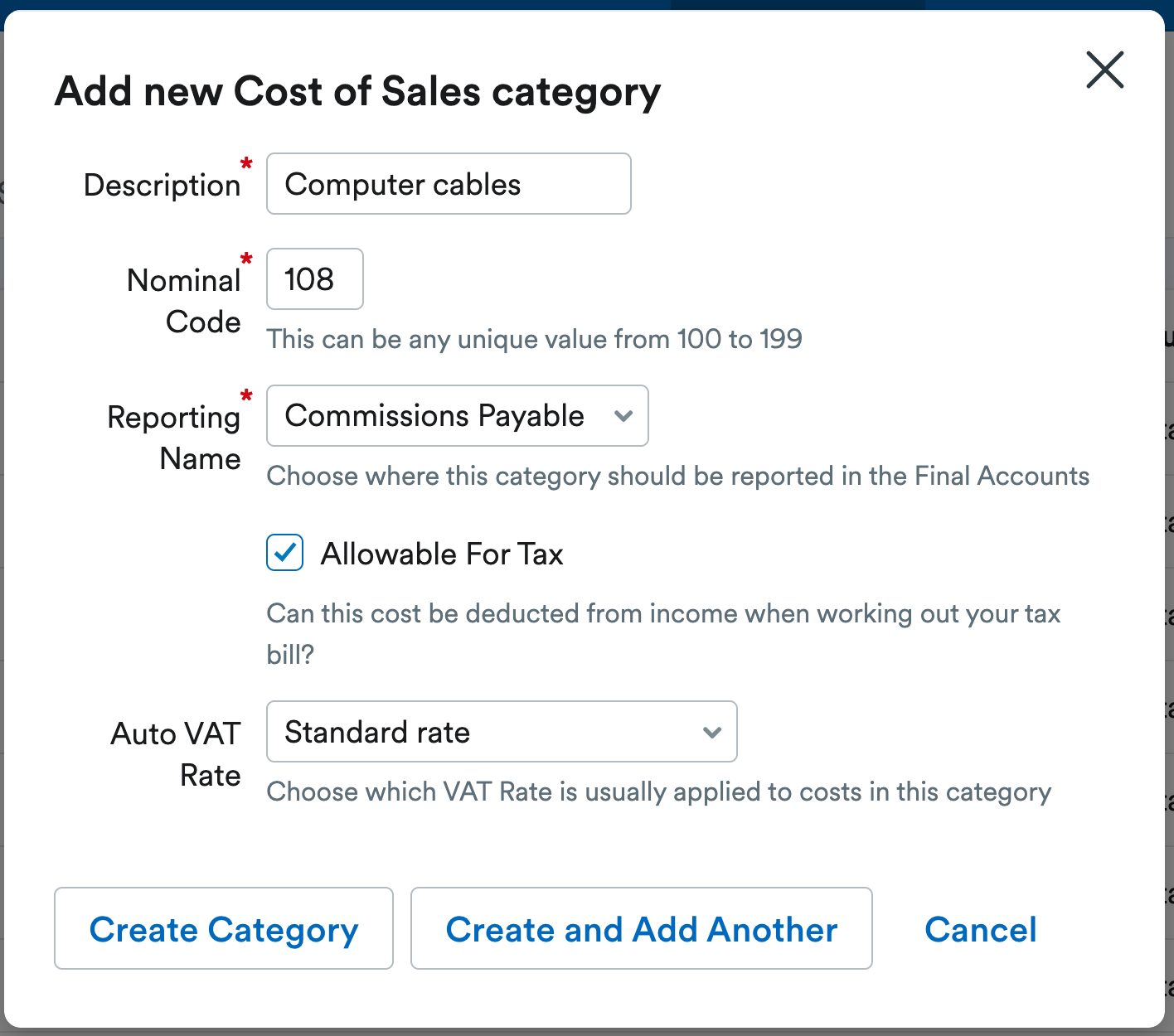 Example of a new cost of sales category being created