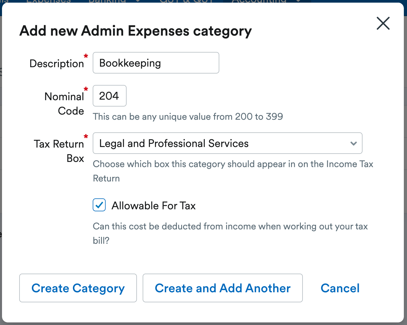 Example of new admin expense category being created