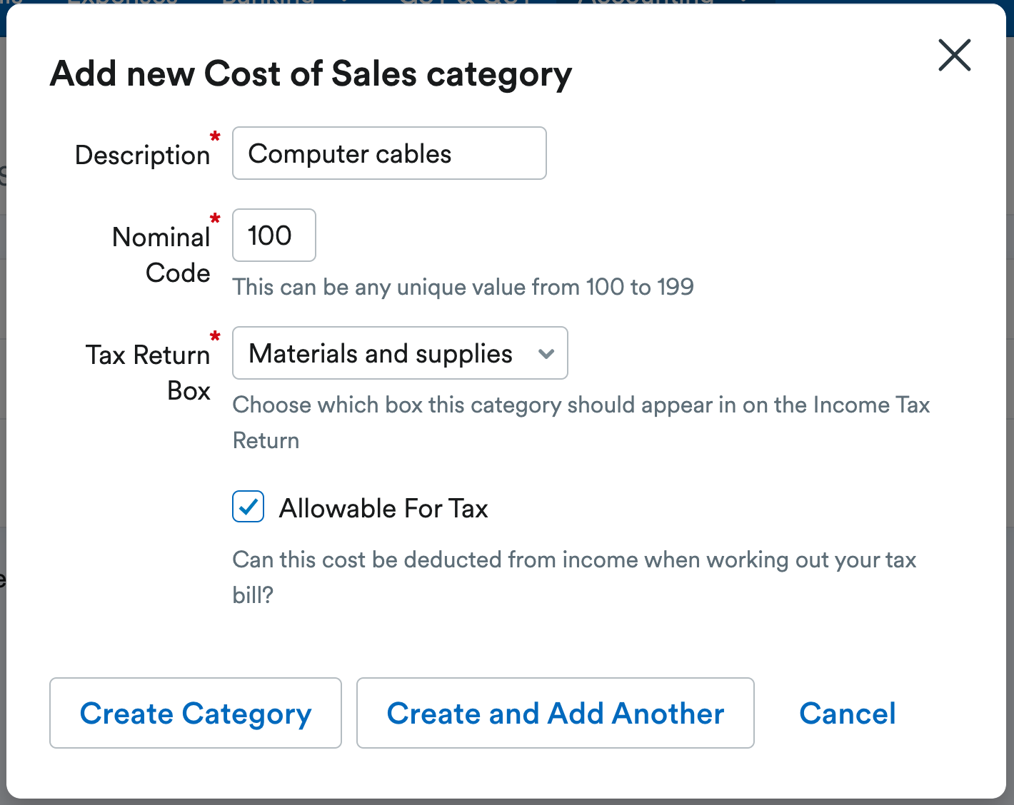 Example of new cost of sales category being created