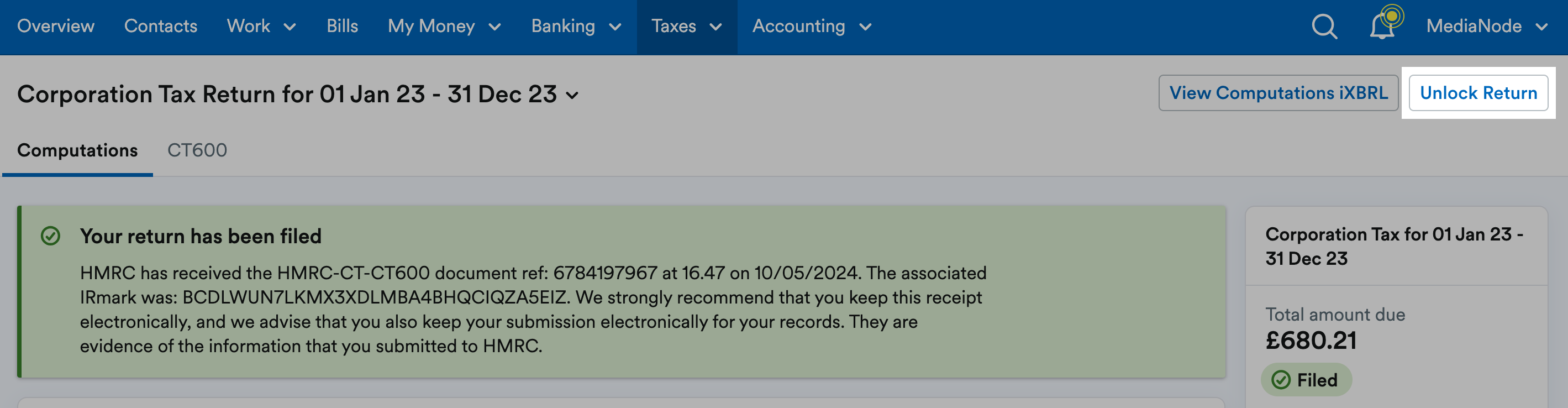 'Unlock Return' button highlighted above the return.