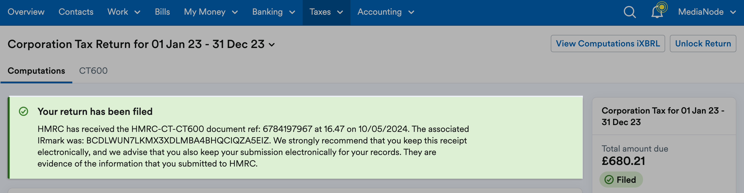 Notice saying the return has been filed highlighted above the return.
