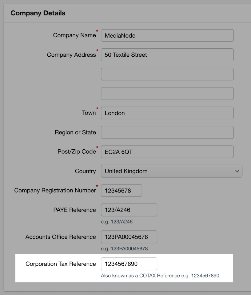 Corporation Tax Reference box highlighted within the Company Details area.