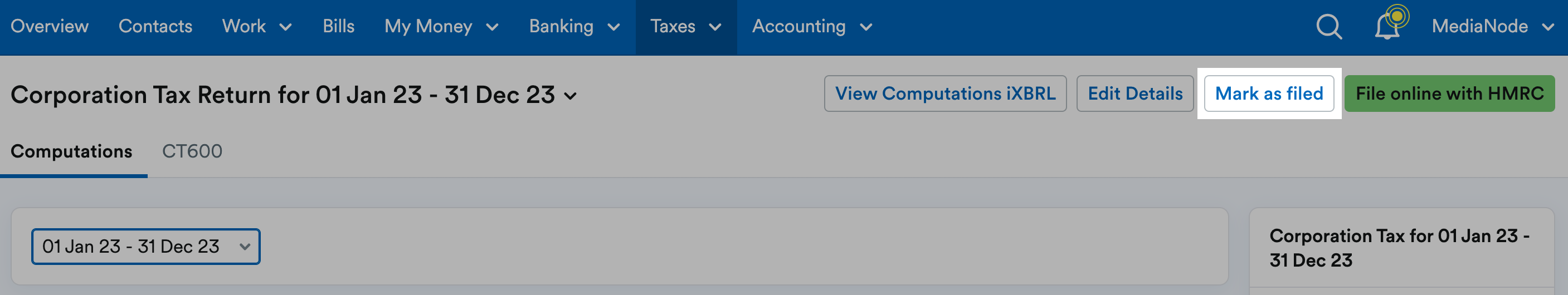'Mark as filed' button highlighted at the top of the return.