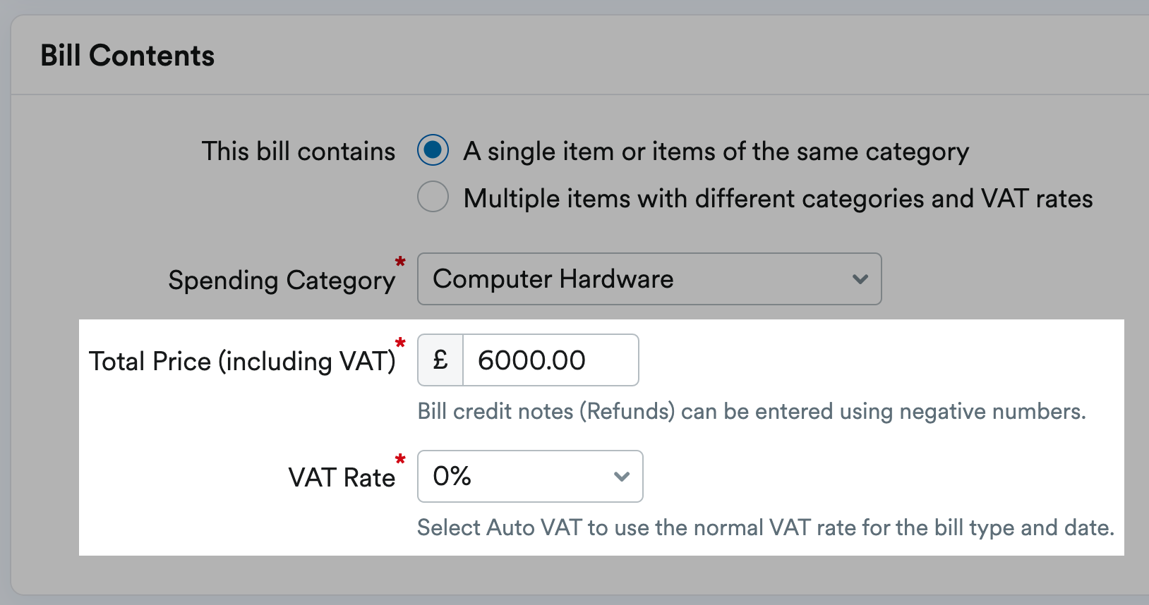 Boxes to input Total Price (including VAT) and select VAT rate.