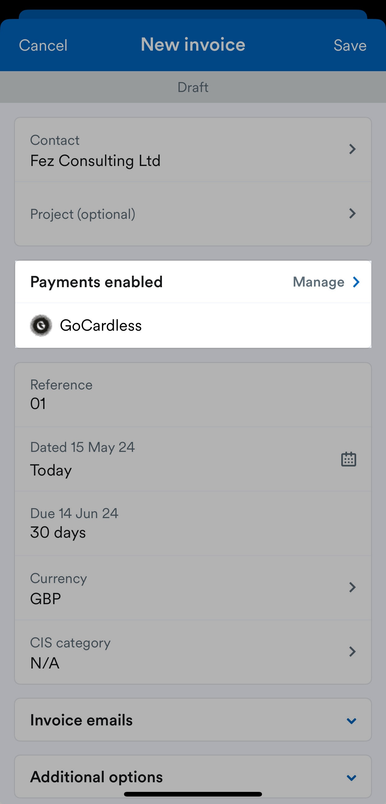 Payments enables section highlighted on New invoice screen.