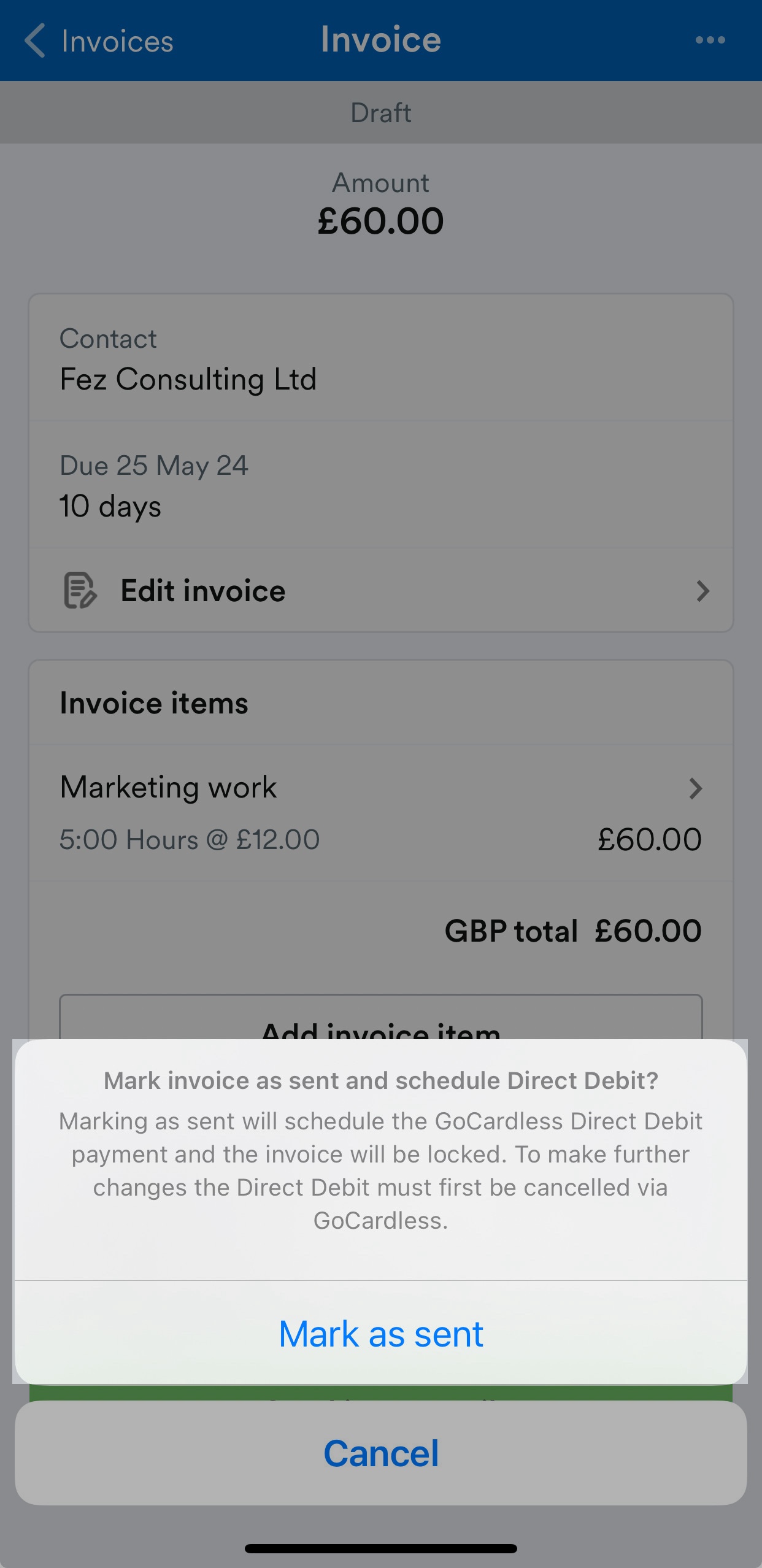 'Mark as sent' button highlighted on Invoice screen.