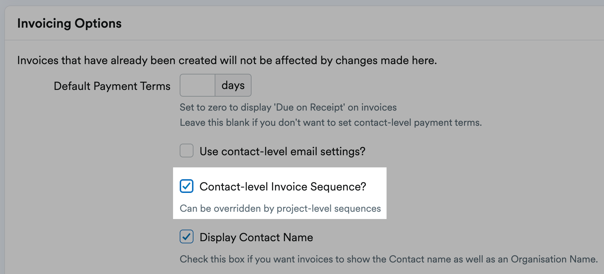 'Contact-level Invoice Sequence' option selected.