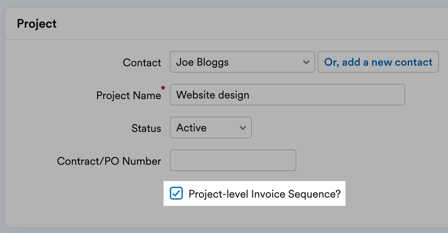 'Project-level Invoice Sequence' option selected.