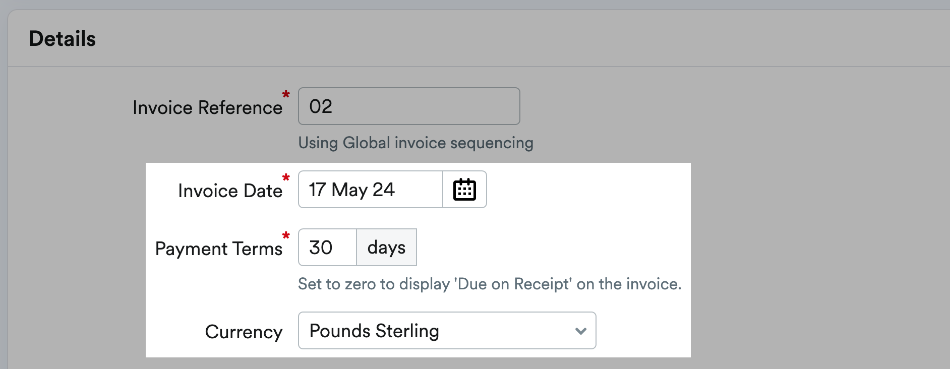 Invoice Date, Payment Terms and Currency in Details section.