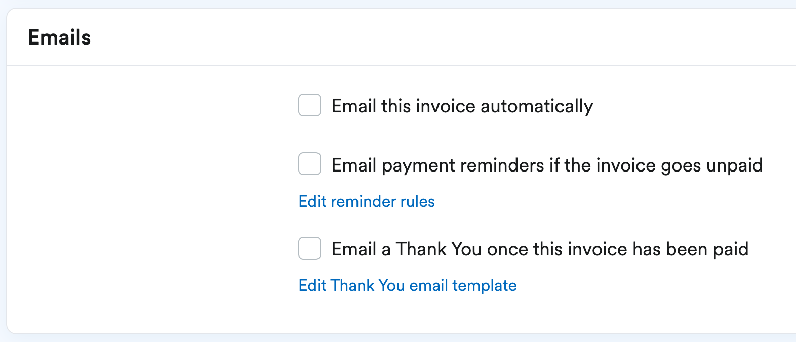 Emails section with options to send automatically, email payment reminders and a Thank You.