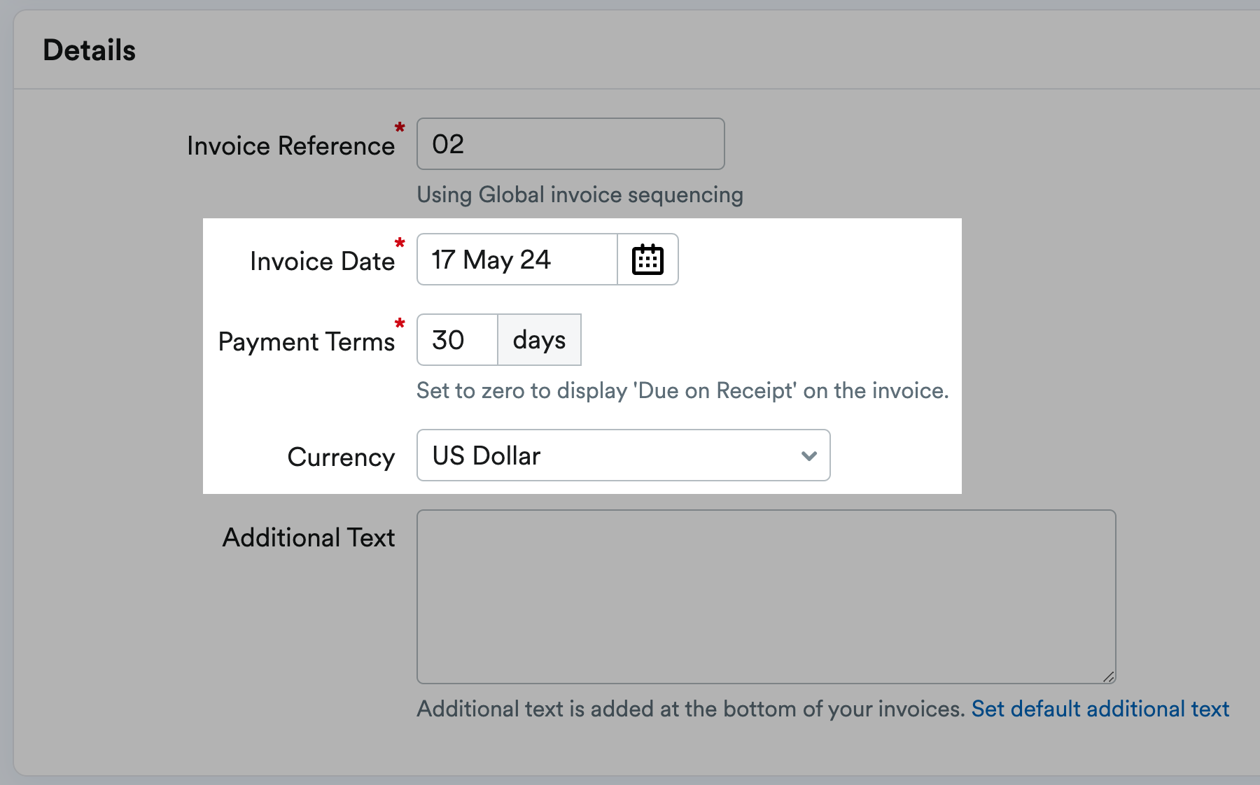 Invoice Date, Payment Terms and Currency in Details section.