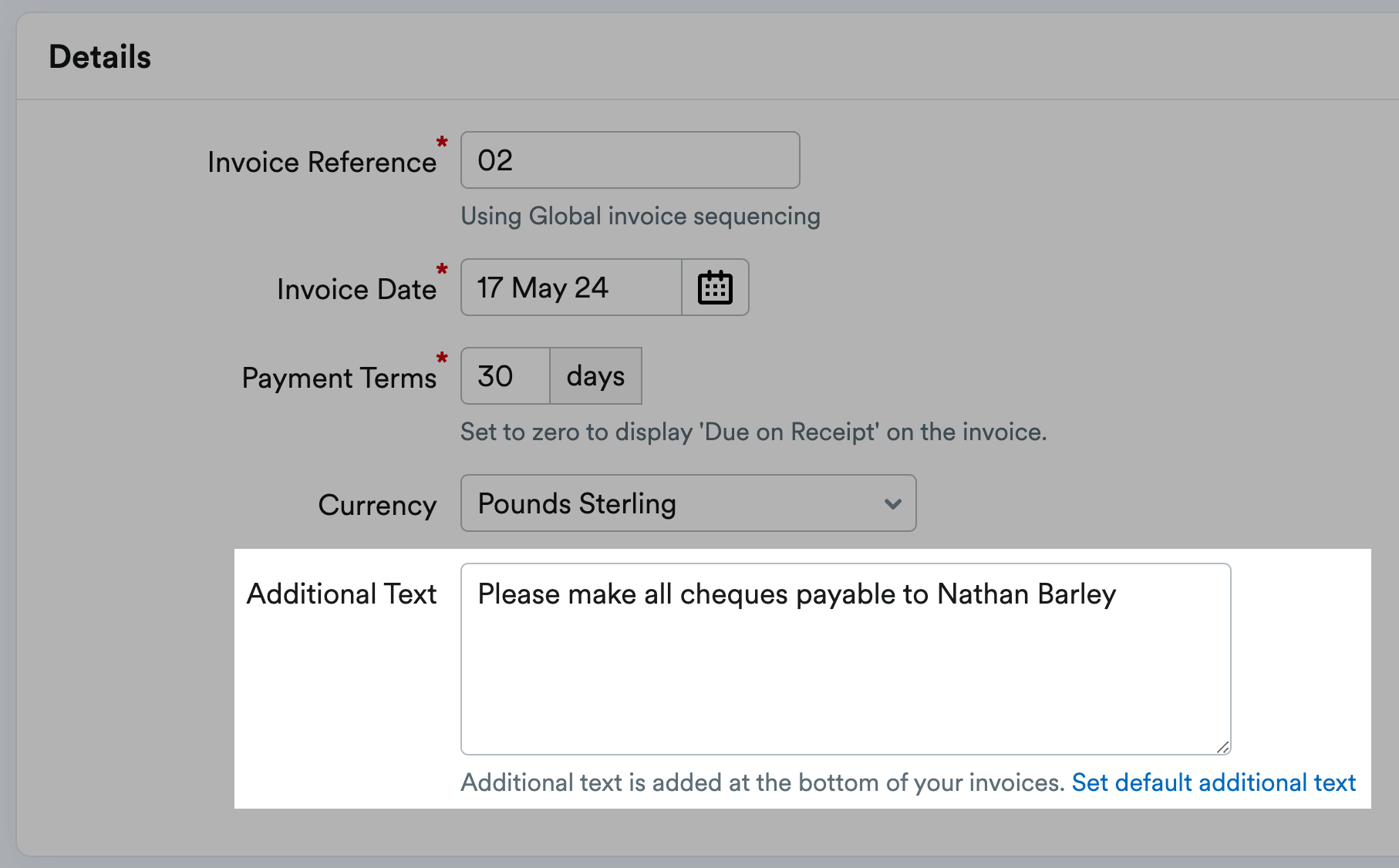 Entered text showing on invoice