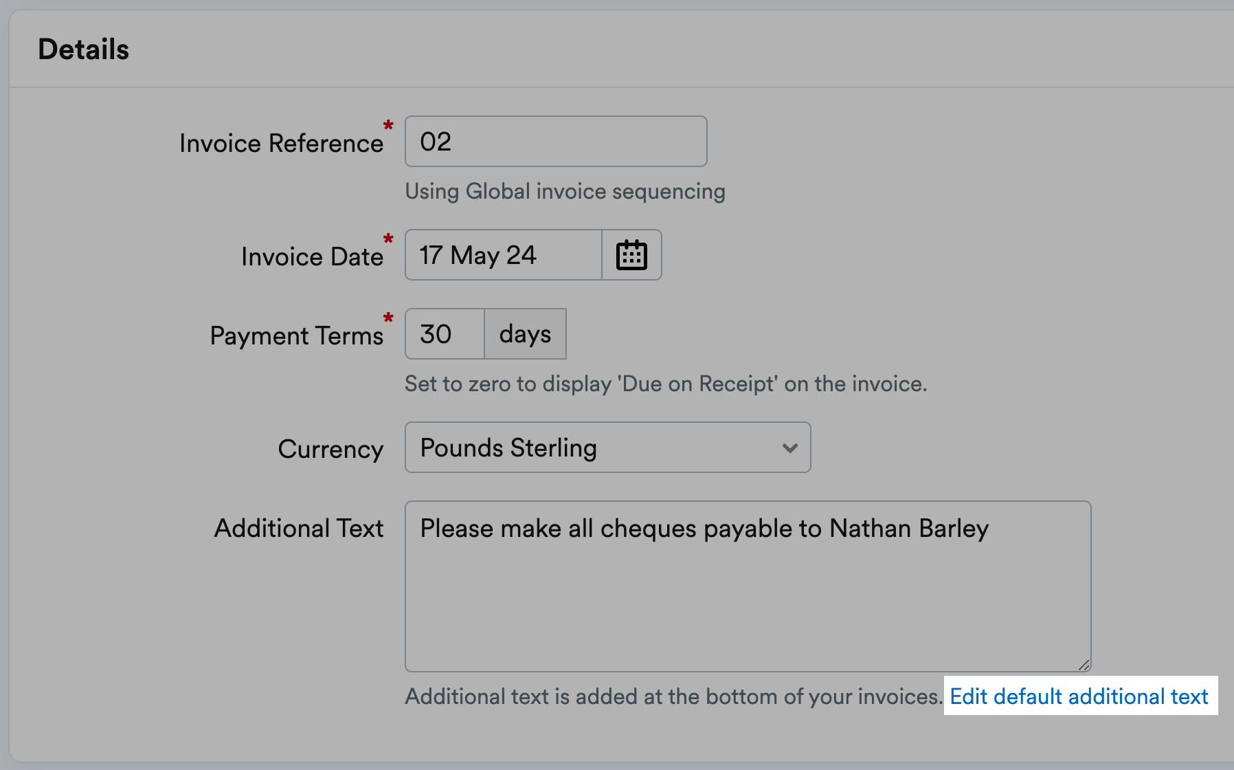 Edit default additional text link highlighted on details section of invoice form