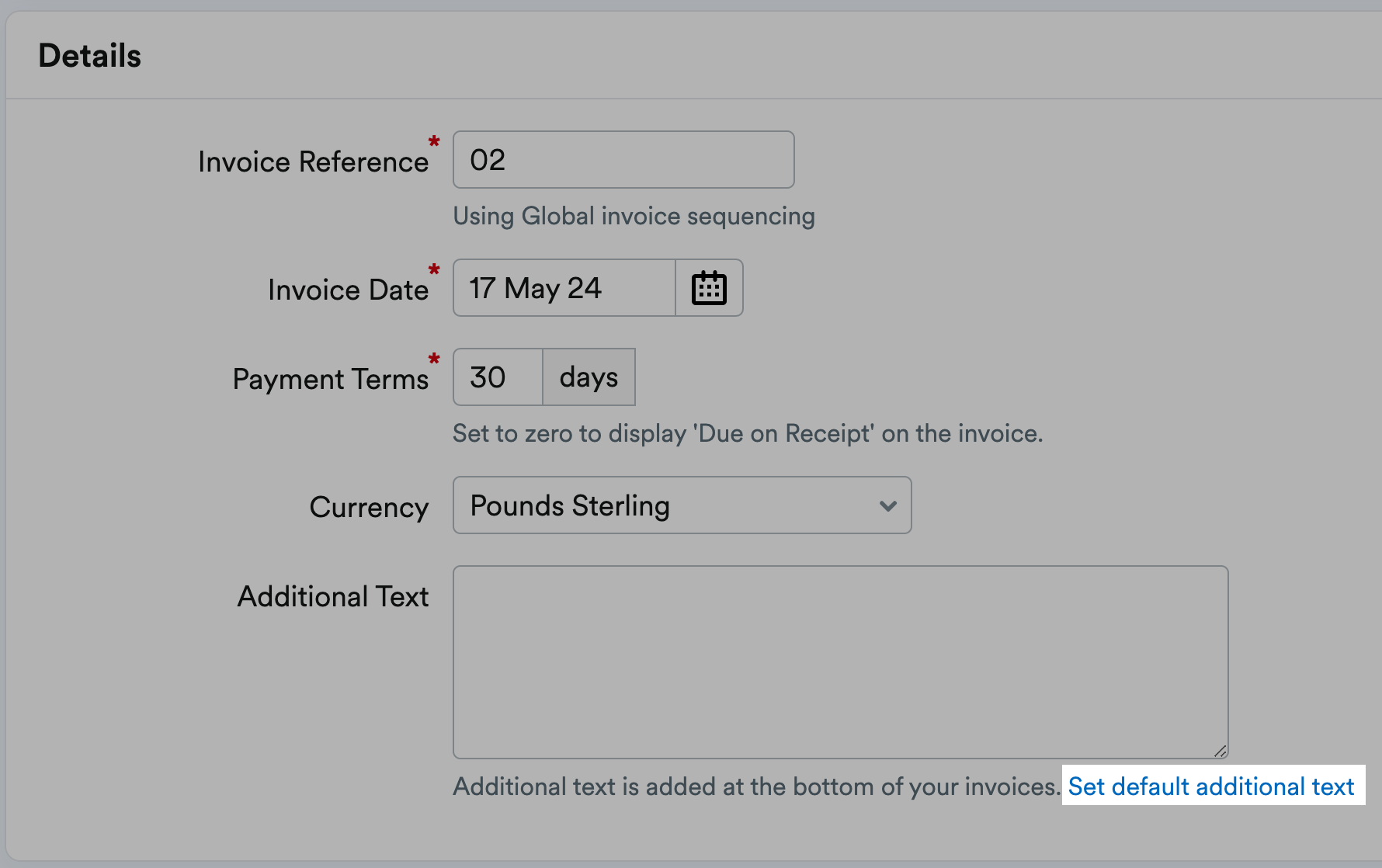 Set default additional text link highlighted on details section of invoice form