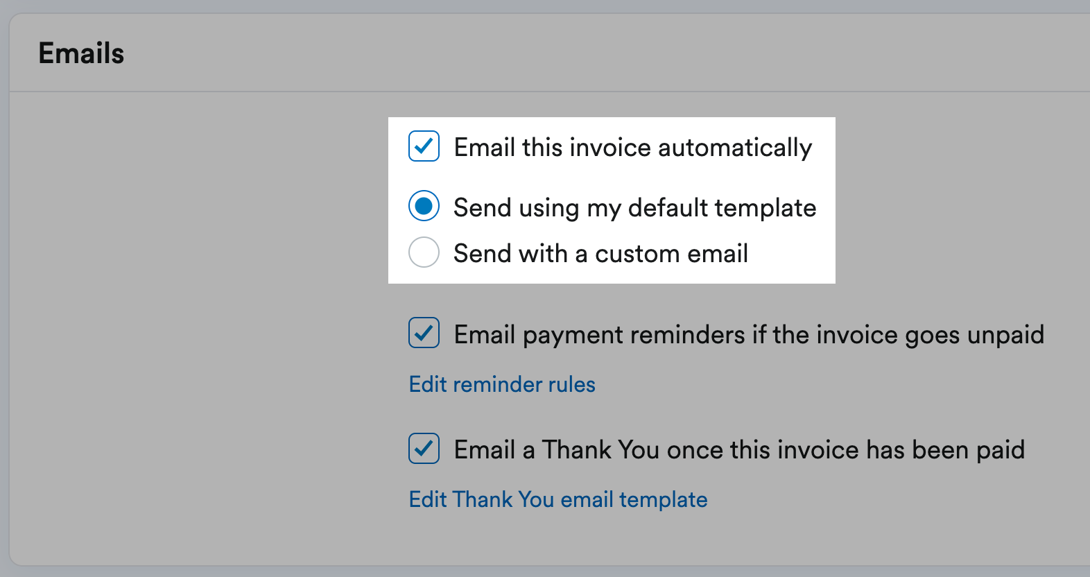 New email options highlighted in Emails section of new invoice form