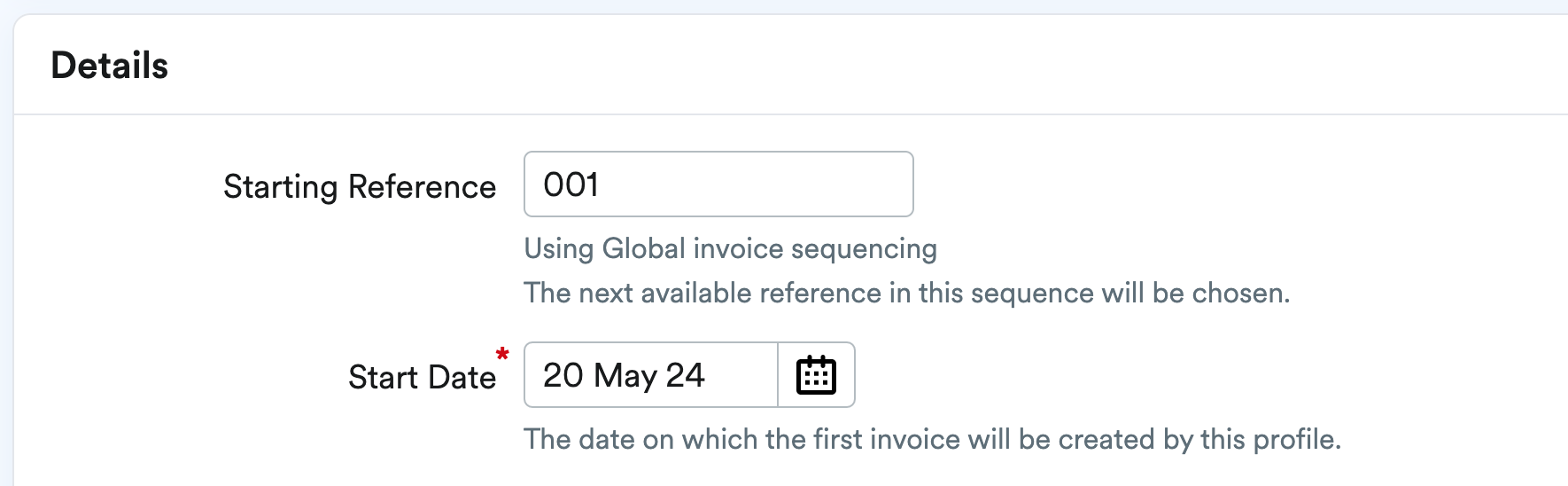 Details section showing Starting Reference and Start Date.