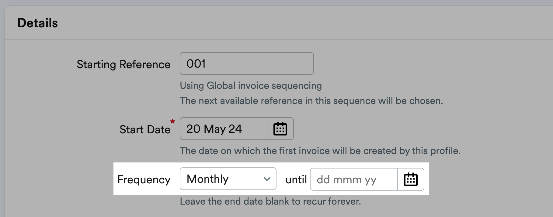 Frequency options for regularity and end date.