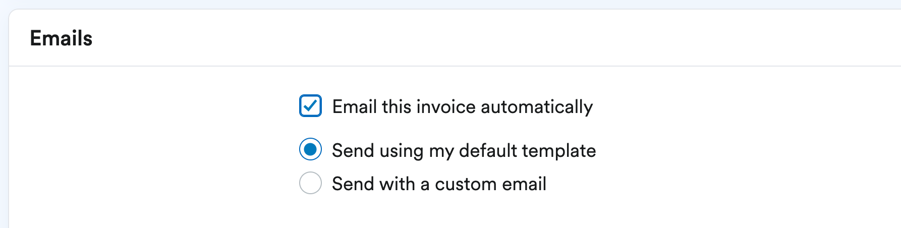 'Email this invoice automatically' selected plus options to send with default template or a custom email.