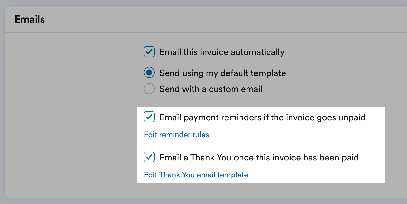 Options to email payment reminders and a Thank You both selected.