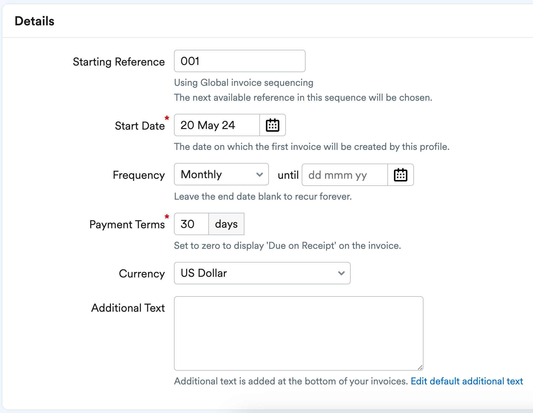 Details section of recurring invoice profile