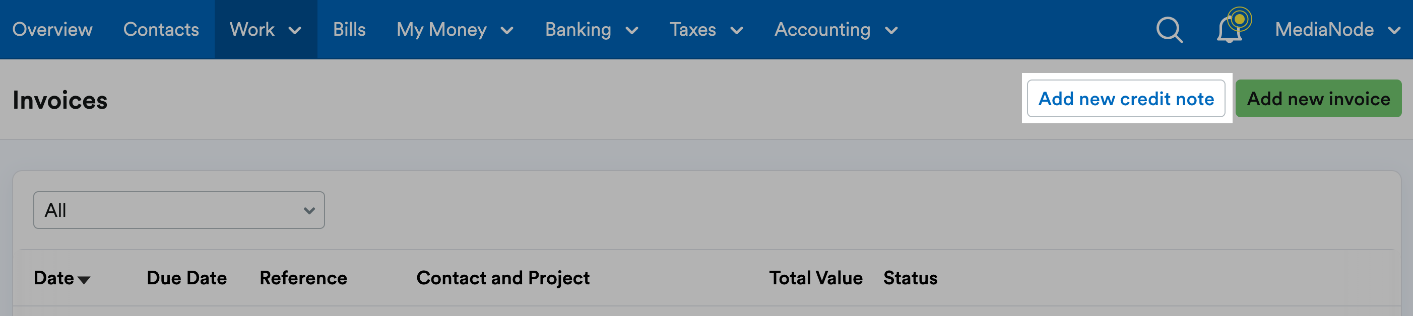 'Add new credit note' button highlighted at top of Invoices page.