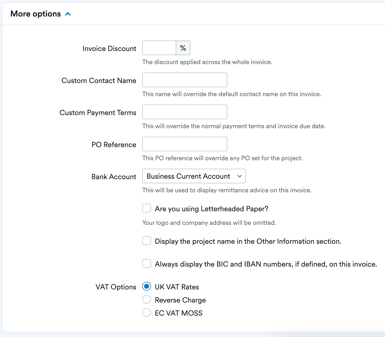 More options expandable list of options.
