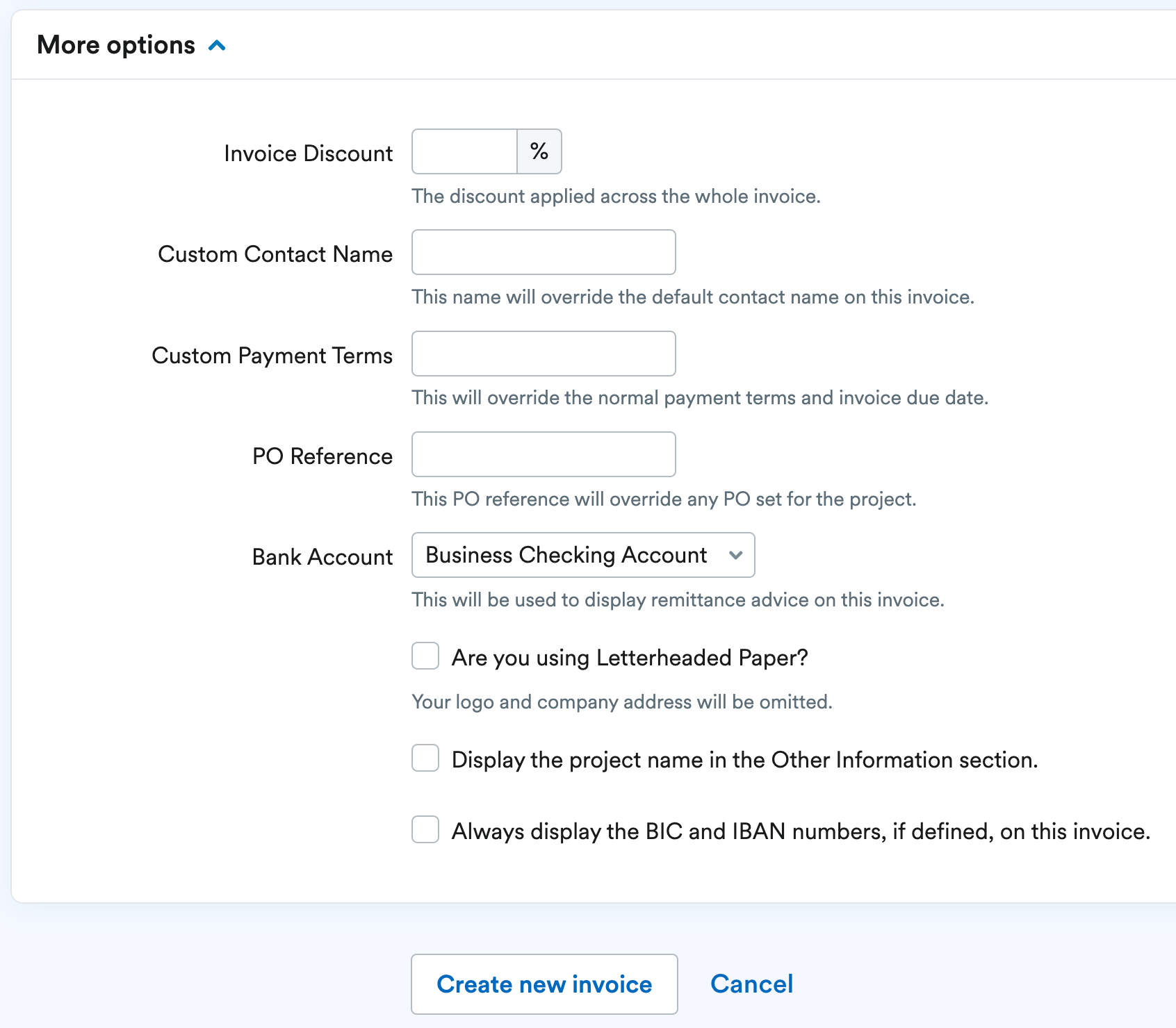 More options expandable list of options.