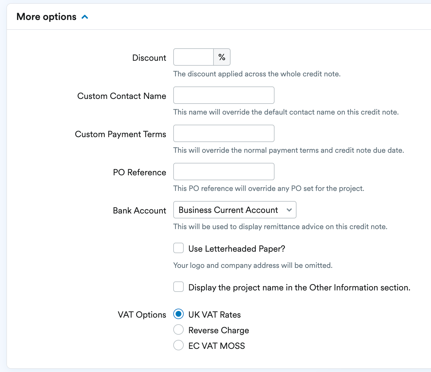 More options expandable list of option.