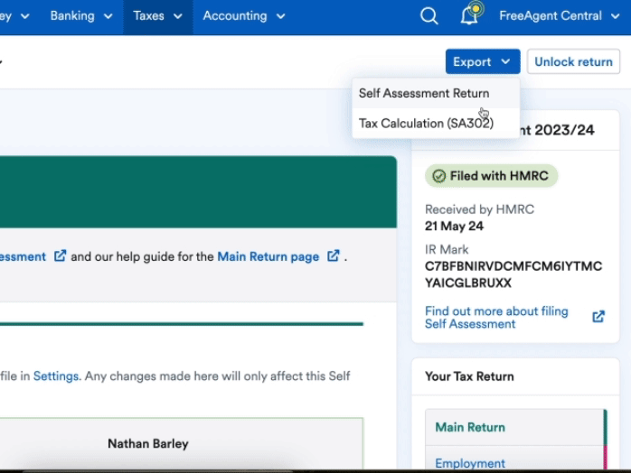 Selecting 'Tax Calculation (SA302)' from 'Export' options on an example Self Assessment.