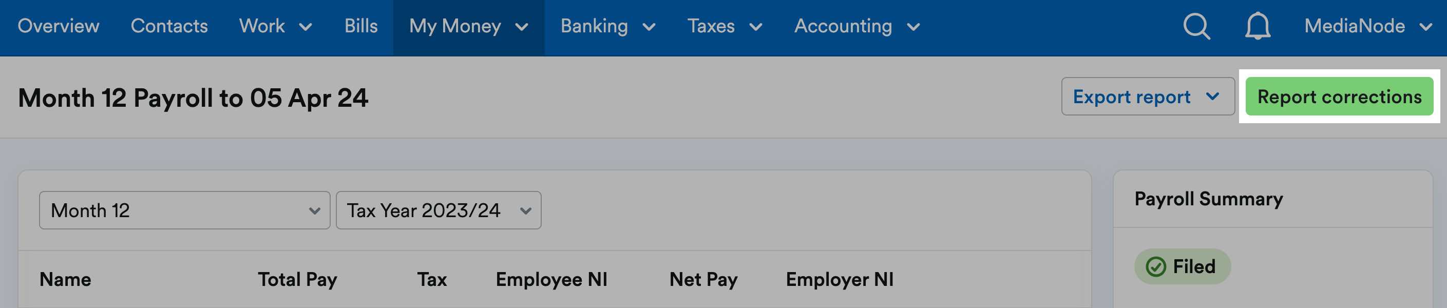 'Report corrections' button highlighted in payroll header.