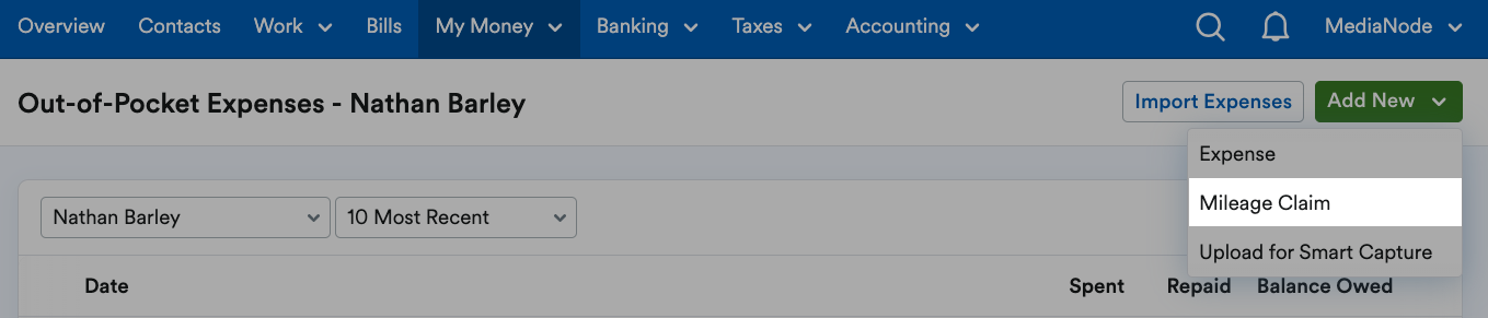 Mileage claim highlighted from Add new drop-down menu