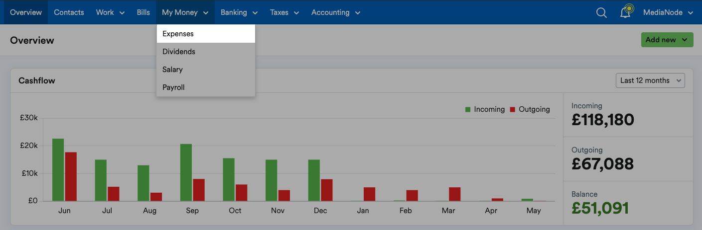 Expenses highlighted from the My Money drop-down menu in the navigation bar