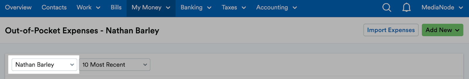 User name highlighted from drop-down menu