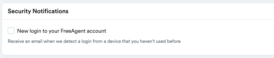 Security Notification section with checkbox to receive an email when new device login is detected.
