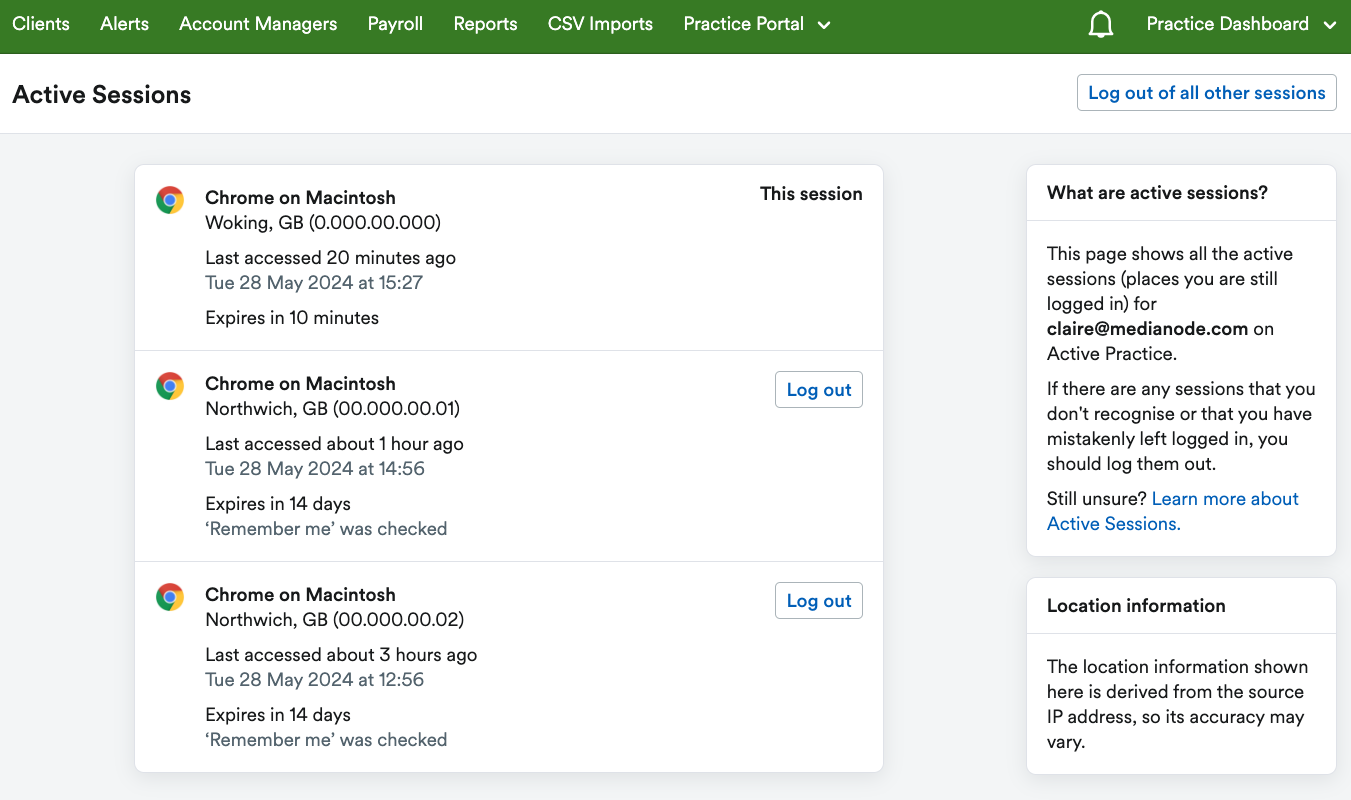 View and manage active sessions on your Practice Dashboard – FreeAgent