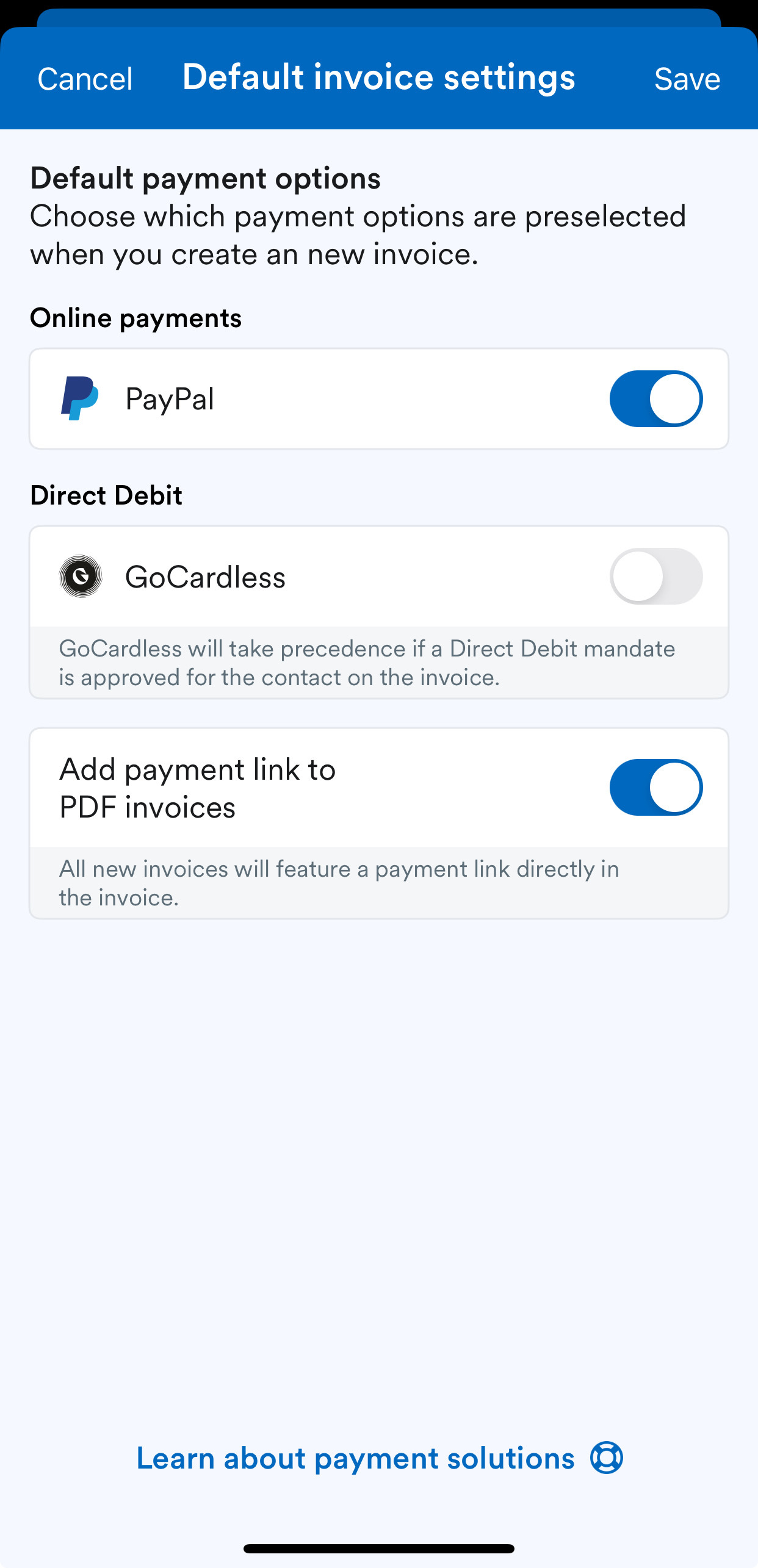 Default invoice settings screen with online payments enabled