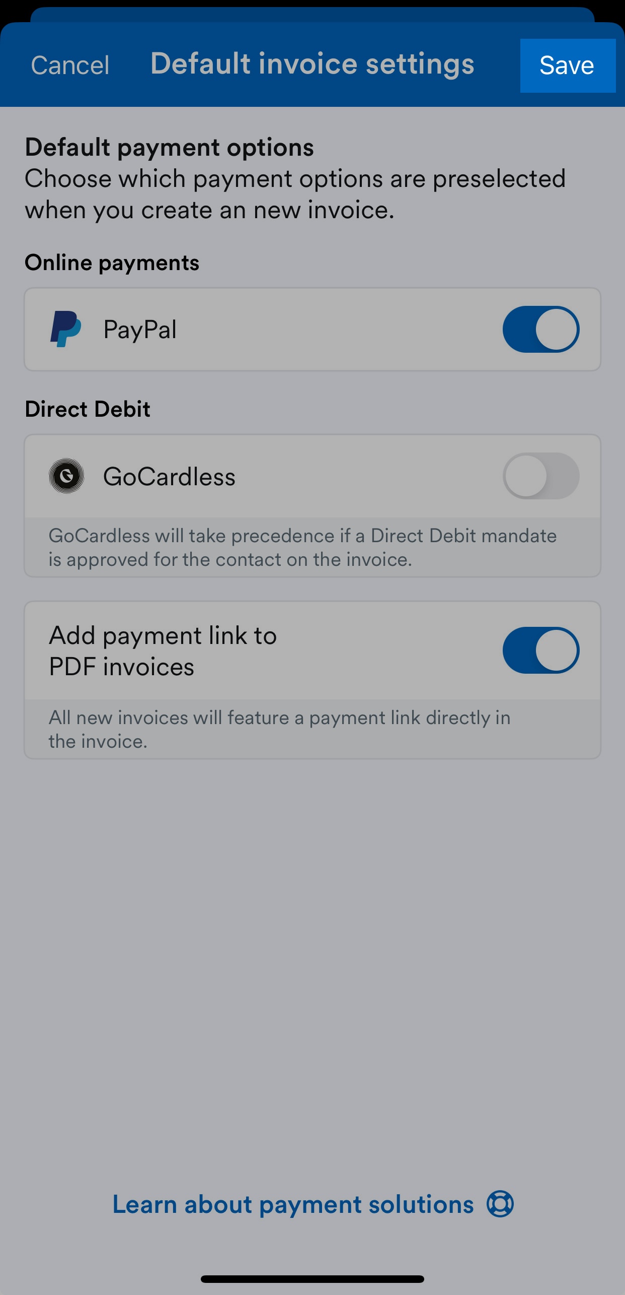 Save button highlighted at top-right of default invoice settings screen