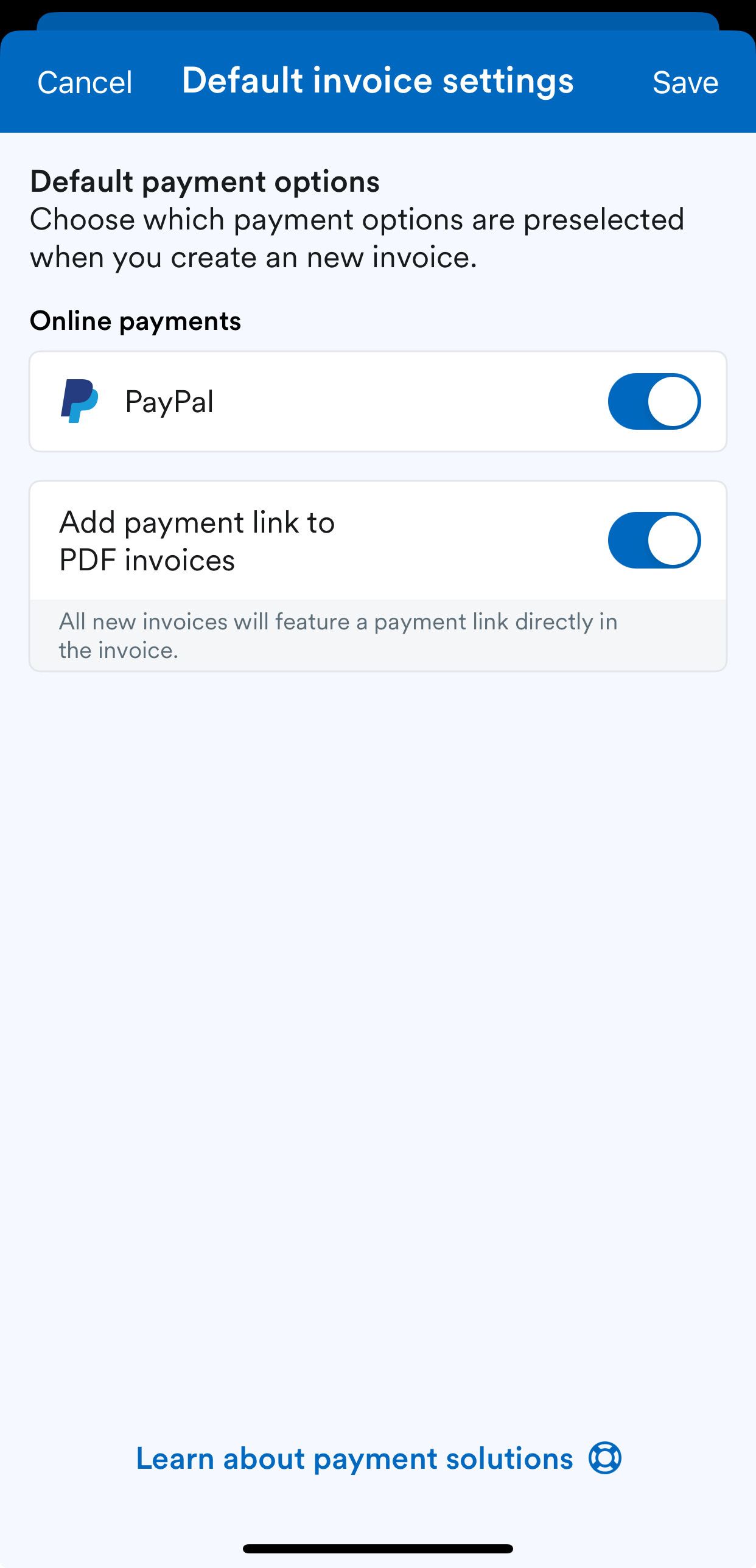 Default invoice settings screen with online payments enabled