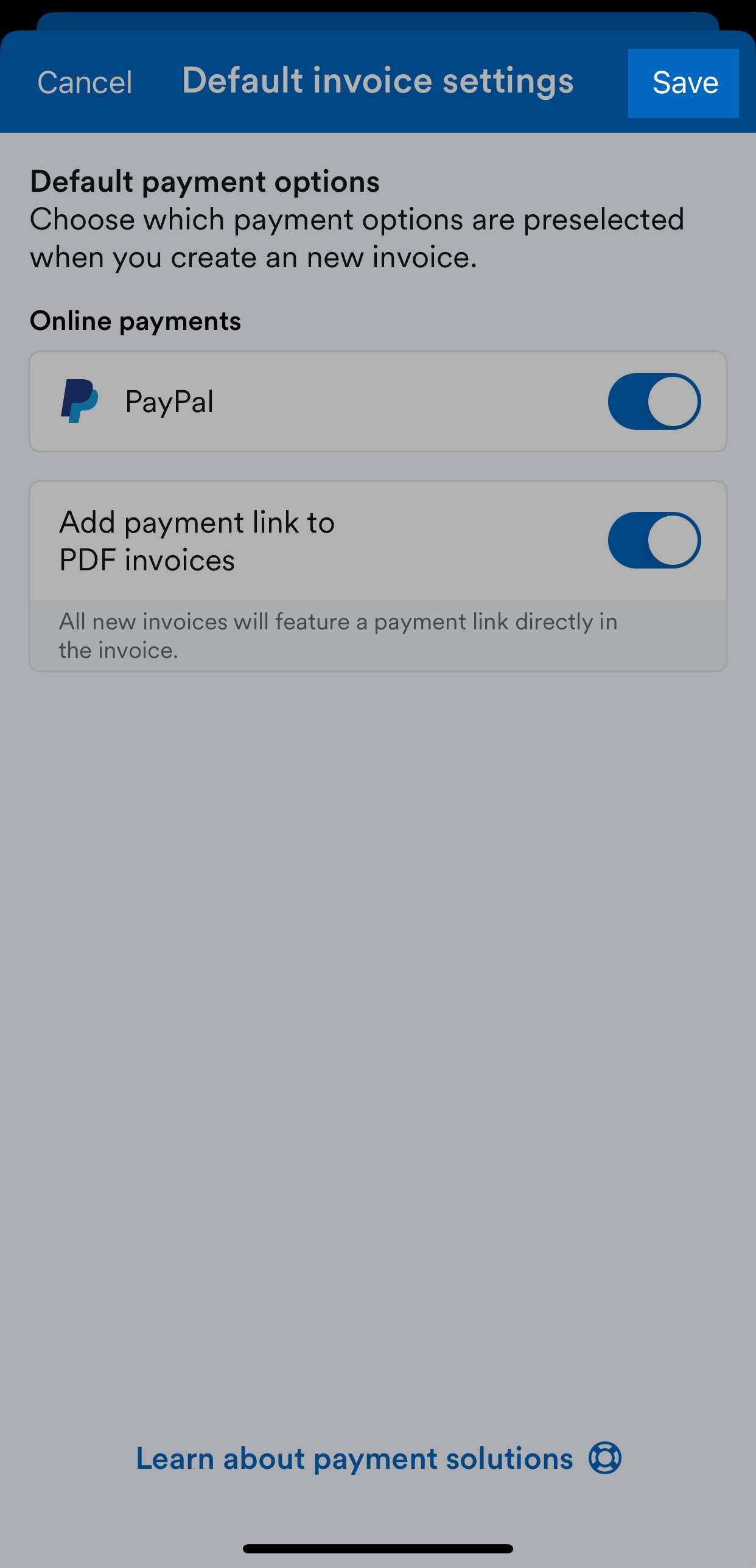 Save button highlighted in top-right of default invoice settings screen