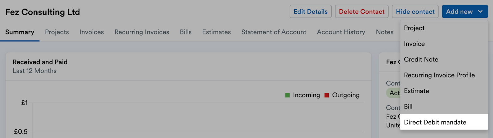 Contact profile with Direct Debit mandate option highlighted
